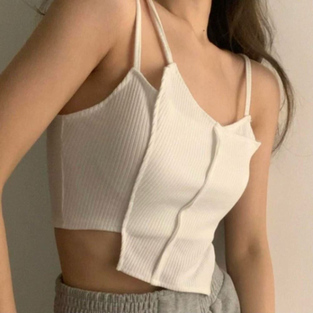 White Ribbed Asymmetrical Strap Top